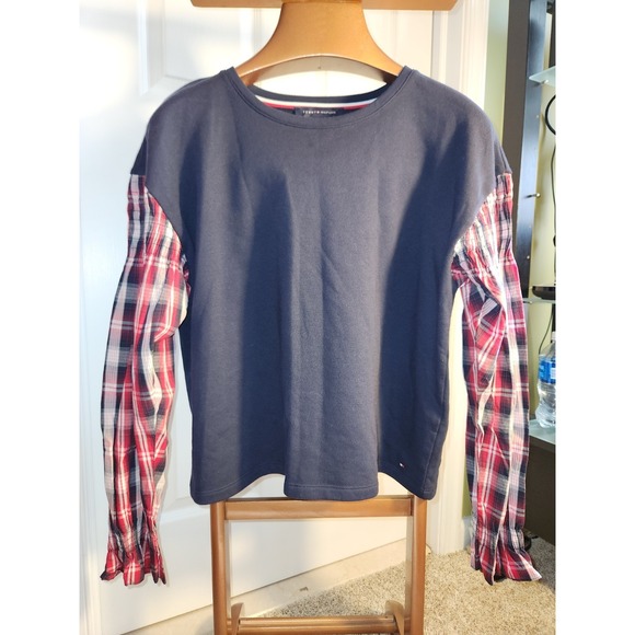 Tommy Hilfiger Tops - Tommy Hilfiger Women's Navy Sweatshirt With Plaid Sleeves  Size Xl